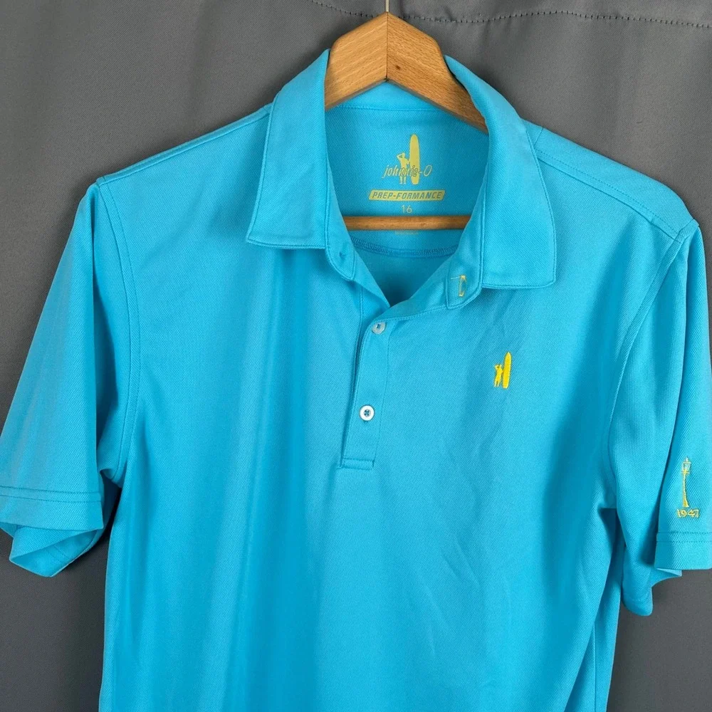 Johnnie-O Boys Prep-Formance Polo Shirt Cyan Blue Short Sleeve Size 16 Golf Top